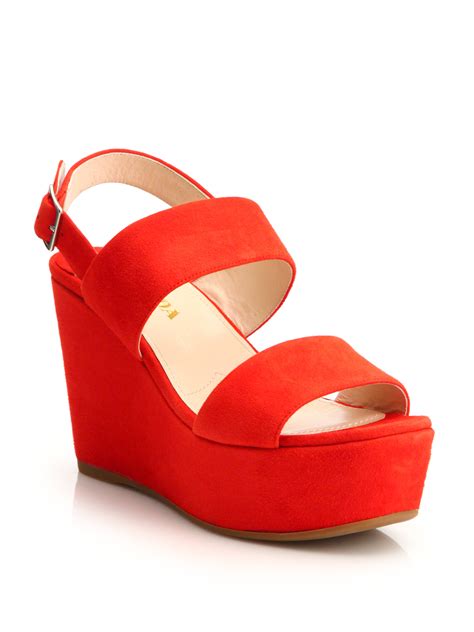 prada red suede sandals|Prada platform wedge sandals.